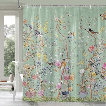 Duschdraperi Grön Mögelresistent Vattentät Fågel Blomma Badrumsdraperi Med 12 Krokar 180x180cm
