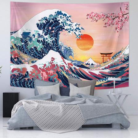 Ocean Waves Gobelin Solnedgang Gobelin Kanagawa Japansk Væg Gobelin Kirsebær Blomster Natur Baggrund Gobelin Bred Bølge (59 x 78,7 Tommer)