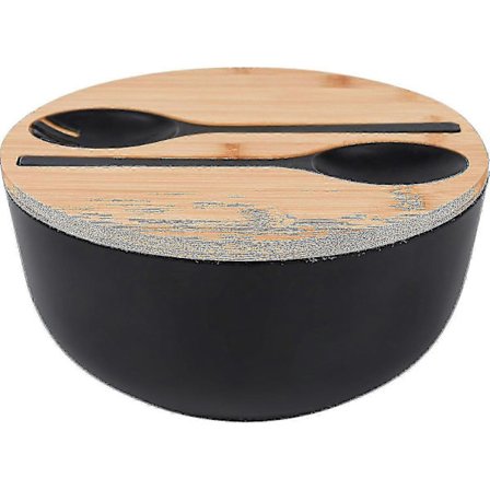 Bambusfibersalatskål med serveringssæt - Stor 25 cm blandeskål i massiv bambus, træskål med bambuslåg og ske til frugt, salater og andet_jar