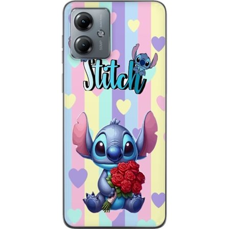 Kompatibel Mobilcover til Motorola Moto G14 Romantisk illustration af Stitch der holder røde roser mod stribet baggrund