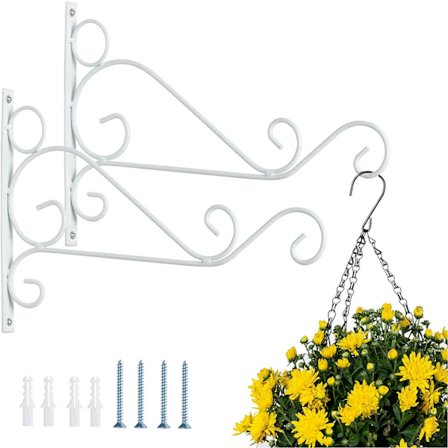 2 stk. udendørs ophængningsbeslag til kurve, hvide metalhavekroge, 30 cm lange kroge til ophængning af kurve