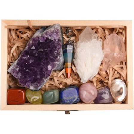 11-delt sett med helbredende krystaller, Chakra-steinsett i gaveeske, naturlig ametystklump, kvartskrystall, mineralprøve, helbredende steiner R