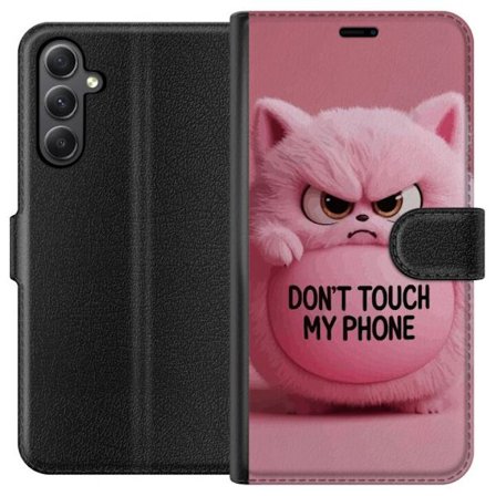 Kompatibelt Plånboksfodral till Samsung Samsung Galaxy S23 FE Arg rosa fluffig katt med texten "Don't Touch My Phone", ett humoristiskt skyddsmotiv s