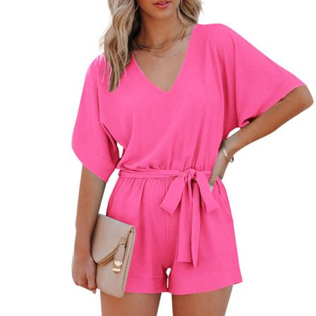 Damoverall Med Elastisk Midja V-hals Shorts Med Raka Ben