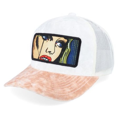 Calza Pennello - Vit trucker Keps - Crying Girl Pop Art Velvet White/Peah/Ivory A-Frame Trucker @ Hatstore