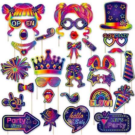 30 st Glow Neon Fotobås Rekvisita med Pinnar | Let's Glow Temafesttillbehör för Födelsedag, Disco, Svart Ljus & Neon Glow Fester | 30 Unika Desi