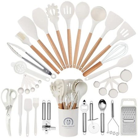 Køkkenredskabssæt, 34 Dele Non-Stick Silikone Madlavningsredskaber Spatelsæt med Stativ, Træhåndtag Silikone Køkkenredskabssæt