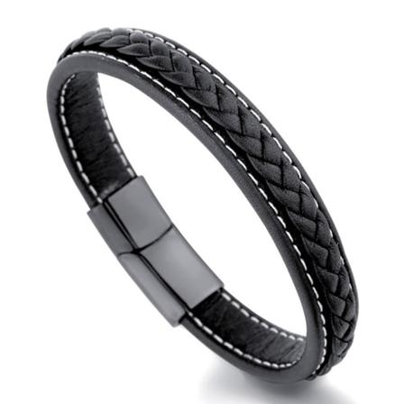Flätat läderarmband Justerbart titanstålspänne manschettarmband för män black