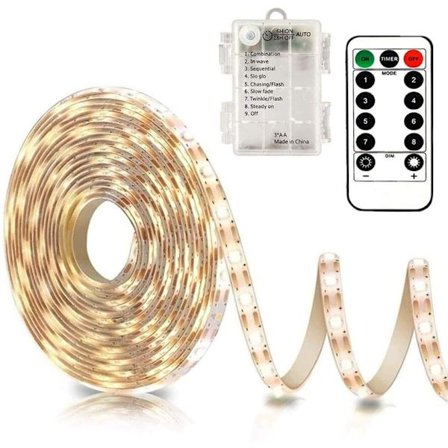 3 m LED-strip med fjernbetjening, 90 LED-strips, vandtæt, 8 tilstande, dæmpbar, timer, selvklæbende, kan klippes (varm hvid)