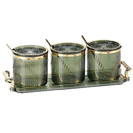 3 st Akryl Kryddburkar Set med Lock, Skedar och Bricka för Köksförvaring