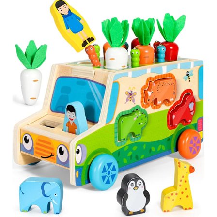 Montessori-leker for 1 2 3 år gamle | Tresort for 1 år gamle | 7-i-1 finmotorikk leker fiskespill bil leker gaver for 1 2