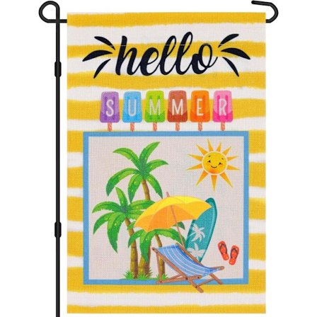 12x18 Tum Hello Summer Trädgårdsflagga, Dubbelsidig Säckvävsflagga för Utomhusdekor