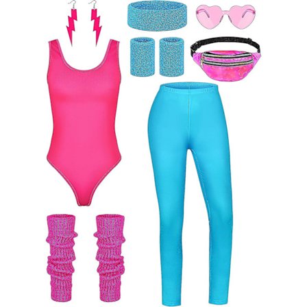 8 delar Kvinnor 80-tals träningskostym Halloween 90-tals outfit Accessoarer Set Leotard Rumväska Glasögon Pannband Benvärmare