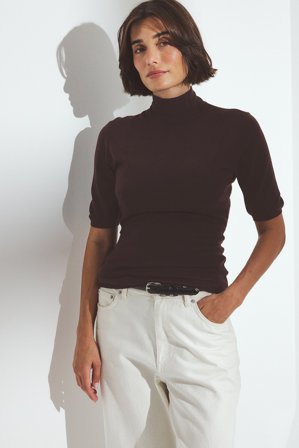 Premium Selection - Strikket topp i merinoull med korte ermer - Premium kvalitet - Brun - M