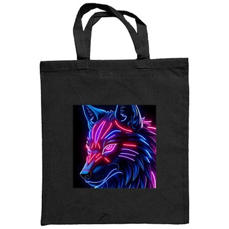 Kangaskassi Neonvalaistu susi sinisessä ja vaaleanpunaisessa valossa pimeää taustaa vasten, futuristinen eläinaiheinen kuvaus, jossa on cyberpunk tunn