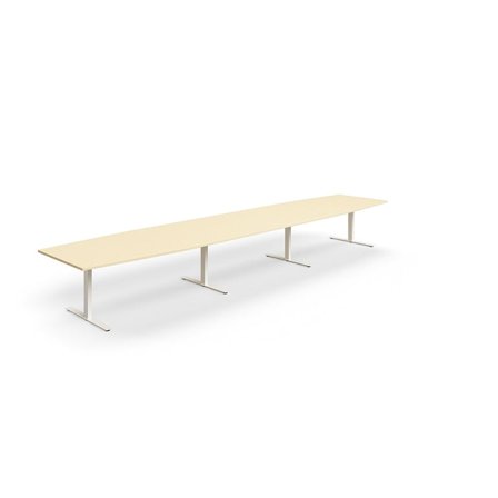 Conference table QBUS, boat shaped, 5600x1200 mm, T-frame, white frame, birch