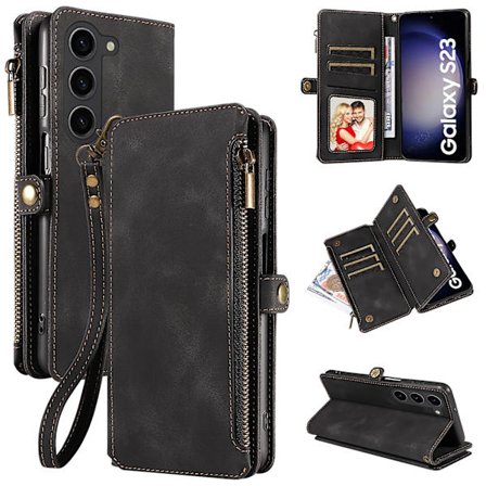 Vetoketjullinen case Samsung Galaxy S24 Ultralle, käännettävä nahkainen cover Galaxy S24 Ultra, korttipidike ja rannehihna