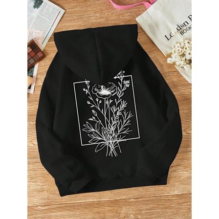 Ezwear Floral Print Kænguru Lomme Snørebånd Termisk Hoodie Thermalt Black M