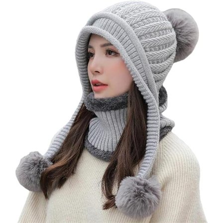 Dame Vinterlue Lue Peruansk Sirkelskjerf Sett Ski Øreklaffer Luer Dobbelt Lagt Fleeceforet Pompoms Grå