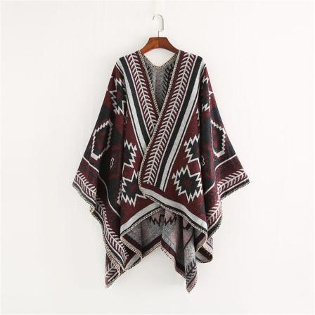 Vinter Sjal Wraps Poncho Kappe - Kvinners Varmt Åpent Foran Trykt Reversibel Overdimensjonert Teppe Red wine