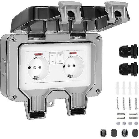 IP66 Vattentätt Utomhusuttag Dubbelt Strömuttag och Skyddslåda Trädgårdsväggs Strömskena, Damm- och Vindtätt Uttag med Strömbrytare, Indikat