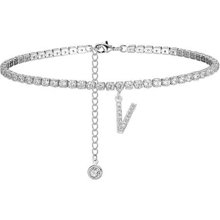 Initialt ankelarmbånd til kvinder, hvidguldbelagt sød tenniskæde CZ bogstavsankelarmbånd sommersmykker gaver til kvinder teenagepiger V-sølv -