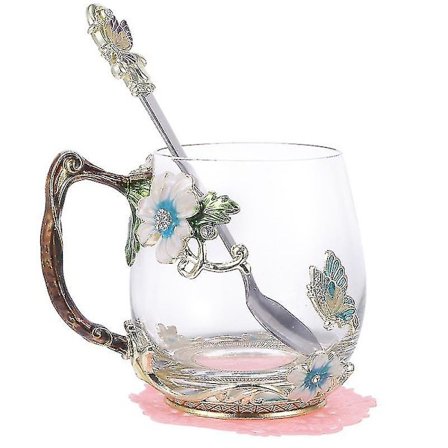 1 Sett Emaljeblomst Glass Krus Te Med Skje BOI