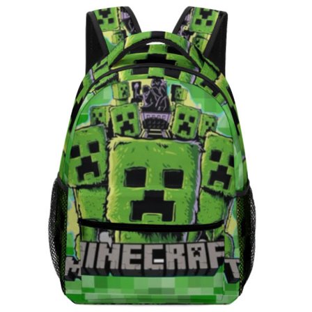 Minecraft Drenge Rygsæk | Sort Børne Rygsæk | Grøn Creeper, Zombie Skelet, Enderman og Huleedderkop Mønstre