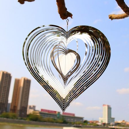 3D roterende vindklokke, 20 cm sølvhjerteornament