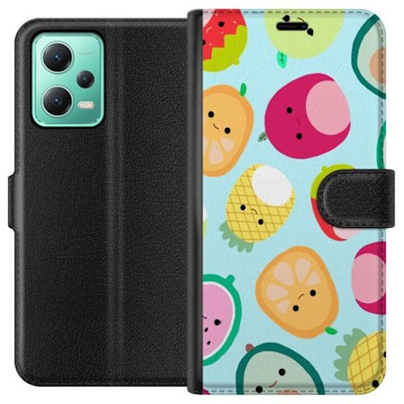 Kompatibelt Lommeboketui til Xiaomi Redmi Note 12 Mønster av kawaii-frukter som jordbær sitron ananas og avocado på lyseblå bakgrunn