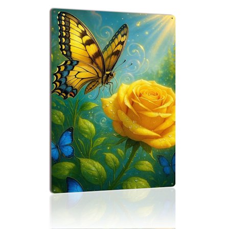 Keltainen ruusu perhonen metallikyltti kukkainen luonto seinätaide vintage peltikyltti laatta puutarhan ystäville seinäkoriste lahja