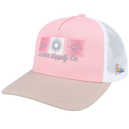 Slacker Supply - Vit trucker Keps - Sunny Summer Logo Light Pink/White/Light Grey A-frame Trucker @ Hatstore
