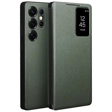 QIALINO Kompatibel med Samsung Galaxy S25 Ultra Deksel Visningsvindu Ekte Kuskinn Flip Telefondeksel