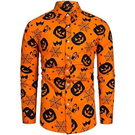 fohemr Halloween-skjorte for menn, stygg gresskar- og flaggermustrykk, langermet, kneppet, avslappet Jack-O-Lantern-kostyme, temafestklær