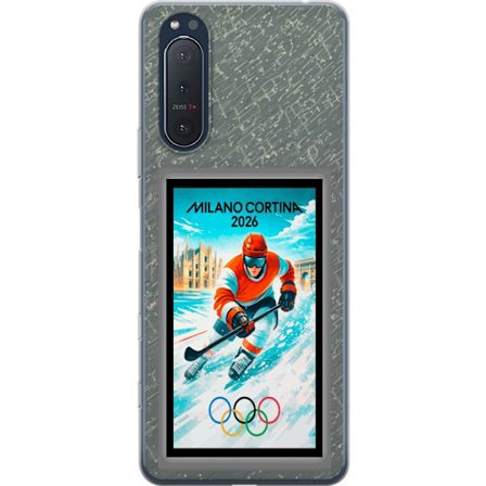 Kompatibelt Mobildeksel til Sony Xperia 5 II Curlingillustrasjon med spillere og stein på is, Milano Cortina 2026, snøsprut og olympiske ringer