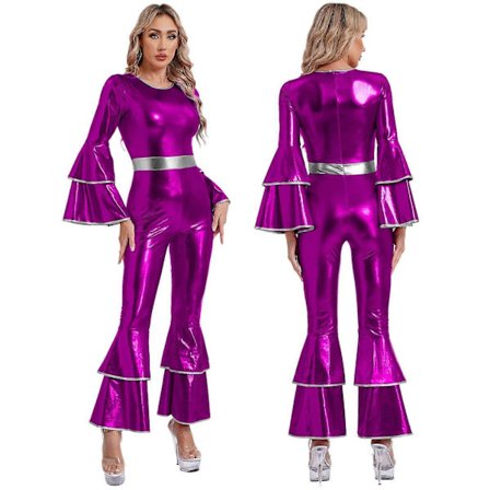 Dame Vintage 70-talls Disco Glitrende Jumpsuit Bell Bottom Hippie Romper Cheerleading Uniform Halloween Cosplay Temafest Kostyme purple_max