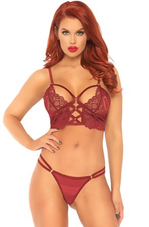 Lace Bralette mit durchsichtigem Tanga in Burgunderrot S/M