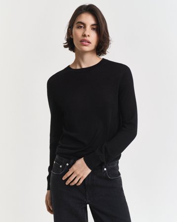 GANT Damen Rundhalspullover aus extra feiner Merinowolle (L) Schwarz Grau