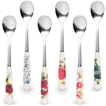 6 st Kaffeskedar Set – 15,8 cm Små skedar med tryckt blomdesign, keramiska handtag, hållbart rostfritt stål för långvarig användning utan rost