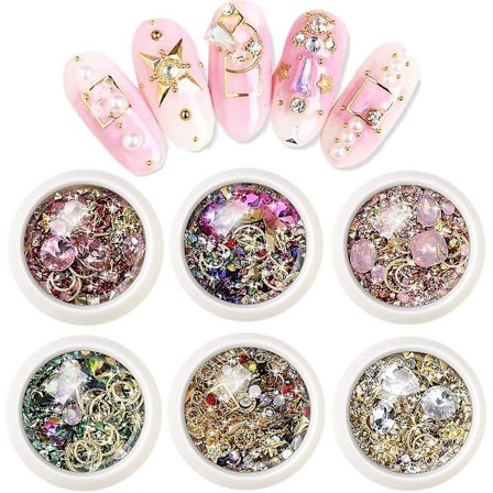 6 Box Nail Art Rhinestone 3D Nail Crystal Stone Guld Metall Örhängen Oregelbundna