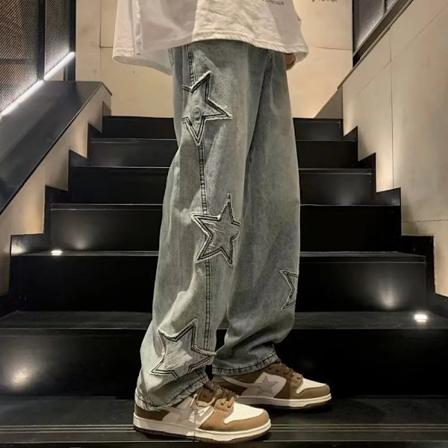Nye Mode Stjerner Håndklæde Broderi Baggy Mænd Jeans Bukser Y2k Tøj Lige Hofte Hop Bomuld Bukser Pantalon Homme Mens Jeans. 1042blue XXXL