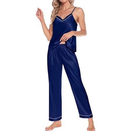 Dame 4-delt pyjamassæt i silke satin nattøj sexet pjs loungewear Navy Blue