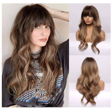 Naisten peruukit, pitkät aaltoilevat peruukit otsatukalla Ombre tummanvaalea peruukit naisille, lämmönkestävät synteettiset peruukit ruskealla 
