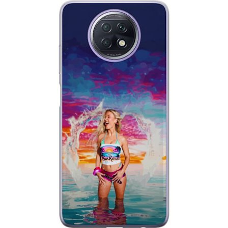 Yhteensopiva Puhelinkuori Xiaomi Redmi Note 9T Vaalea nainen kirjavia rantavaatteita pelaa meressä auringonlaskun aikaan