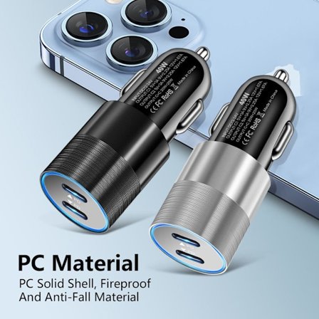 40W USB-C Snabb Billaddare 2 Portar Adapter Dubbel Typ C SILVER