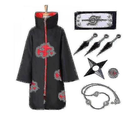 Akatsuki Cloak Anime Kostym Kit Itachi Robe Halloween Long Cape 8 delar Set