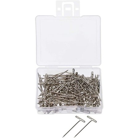 100 1 tum nickelpläterade stål T-formade T-nålar för blockering av stickning, modellering, hantverk och kontor med plastbox.