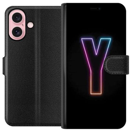 Yhteensopiva Lompakkokotelo Apple Apple iPhone 16 Minimalistinen neonkirjain Y värinvaihtuvassa valossa mustaa taustaa vasten