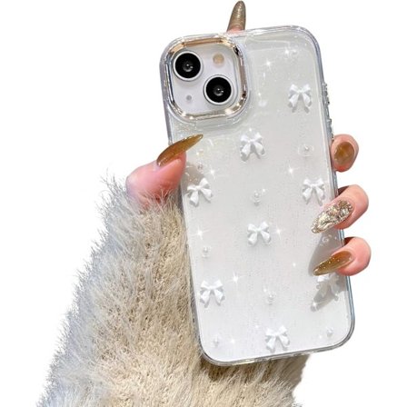 [PLEE] Deksel for iPhone 15, Bling Glitter 3D Rosett Telefondeksel Søtt Glitrende Krystallklart Rosett Slim Mykt Slitesterkt Beskyttende Deksel Hvit