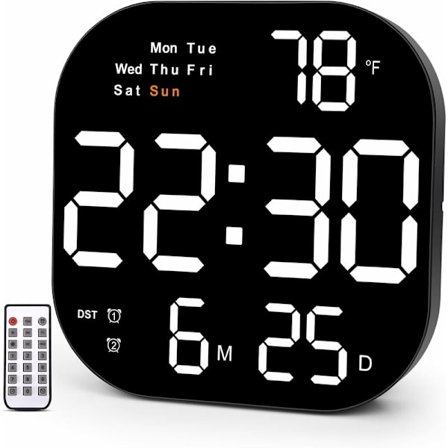 Stor veggklokke, digital veggklokke 10,55 LED-skjerm, ukedag, dato, sommertid, timer, temperatur, 12/24H, klokke for stue,